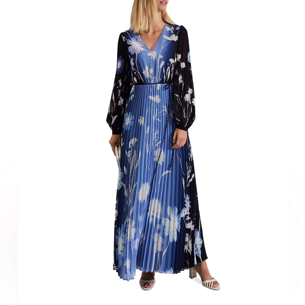Phase Eight Annie Pleated Maxi Dress Blue Floral Long Sleeve V-Neck Size 16 NWT